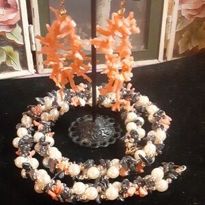 Spiny Oyster Coral Earrings & Pearl, Genuine Coral, Hematite Cluster Necklace